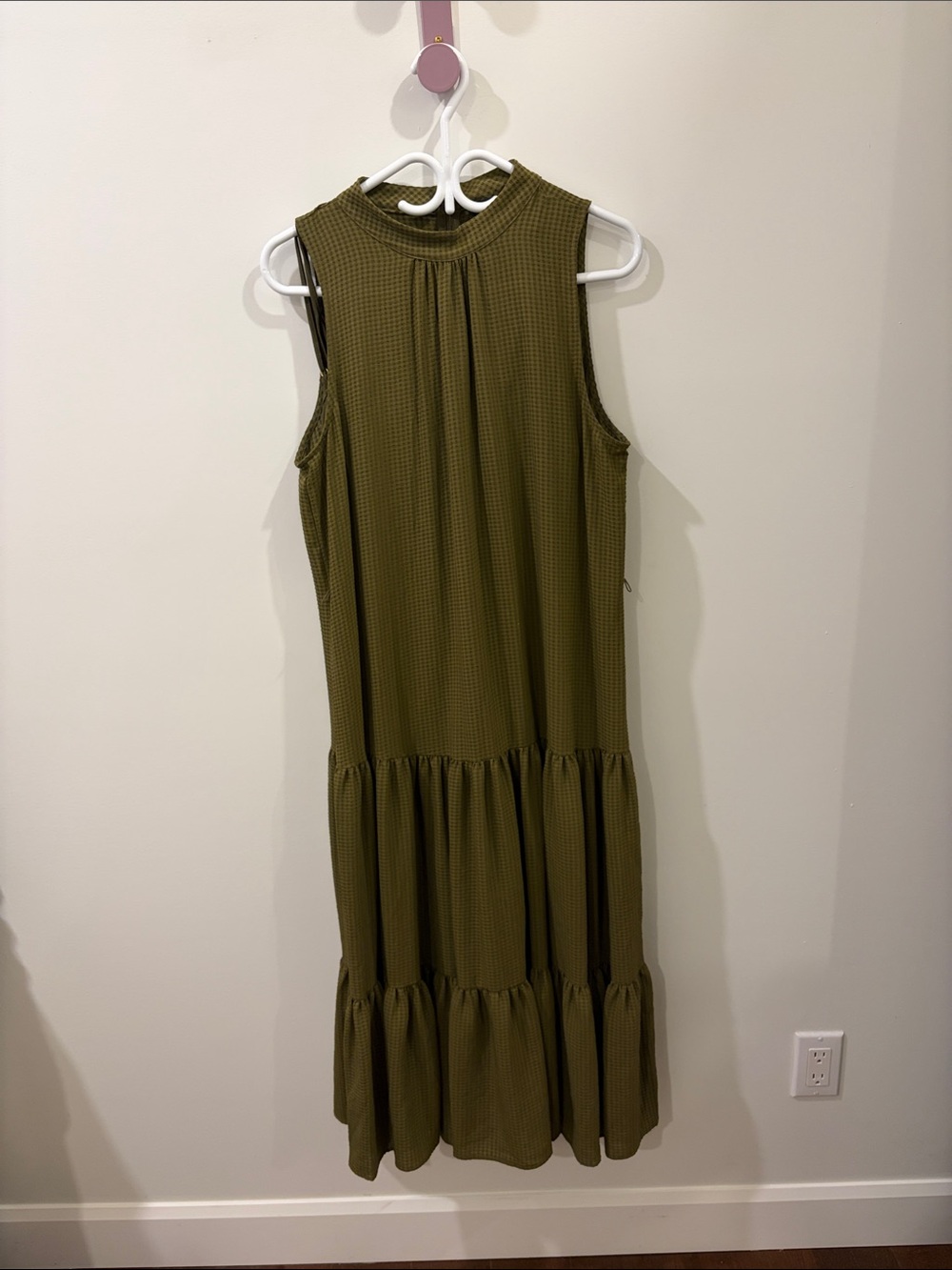 Women's Sleeveless Tiered Midi Dress - Olive Green - black belt missing